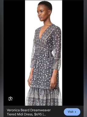 Veronica Beard Silk Charcoal Printed Tiered Midi Dress